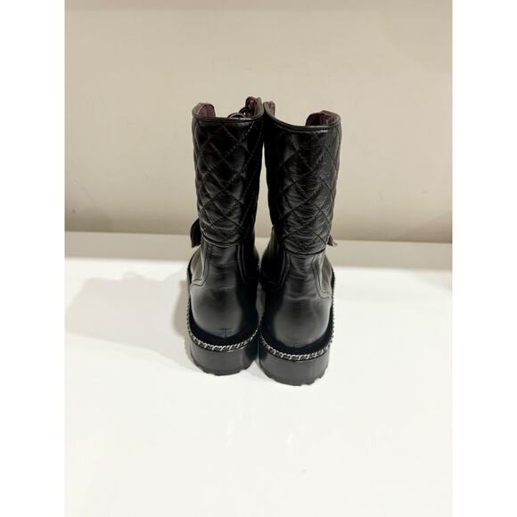 NWOT Chanel Quilted Patent Leather CC Pearl Mid-Calf Combat Boots Black EU 38.5 - Picture 5 of 8
